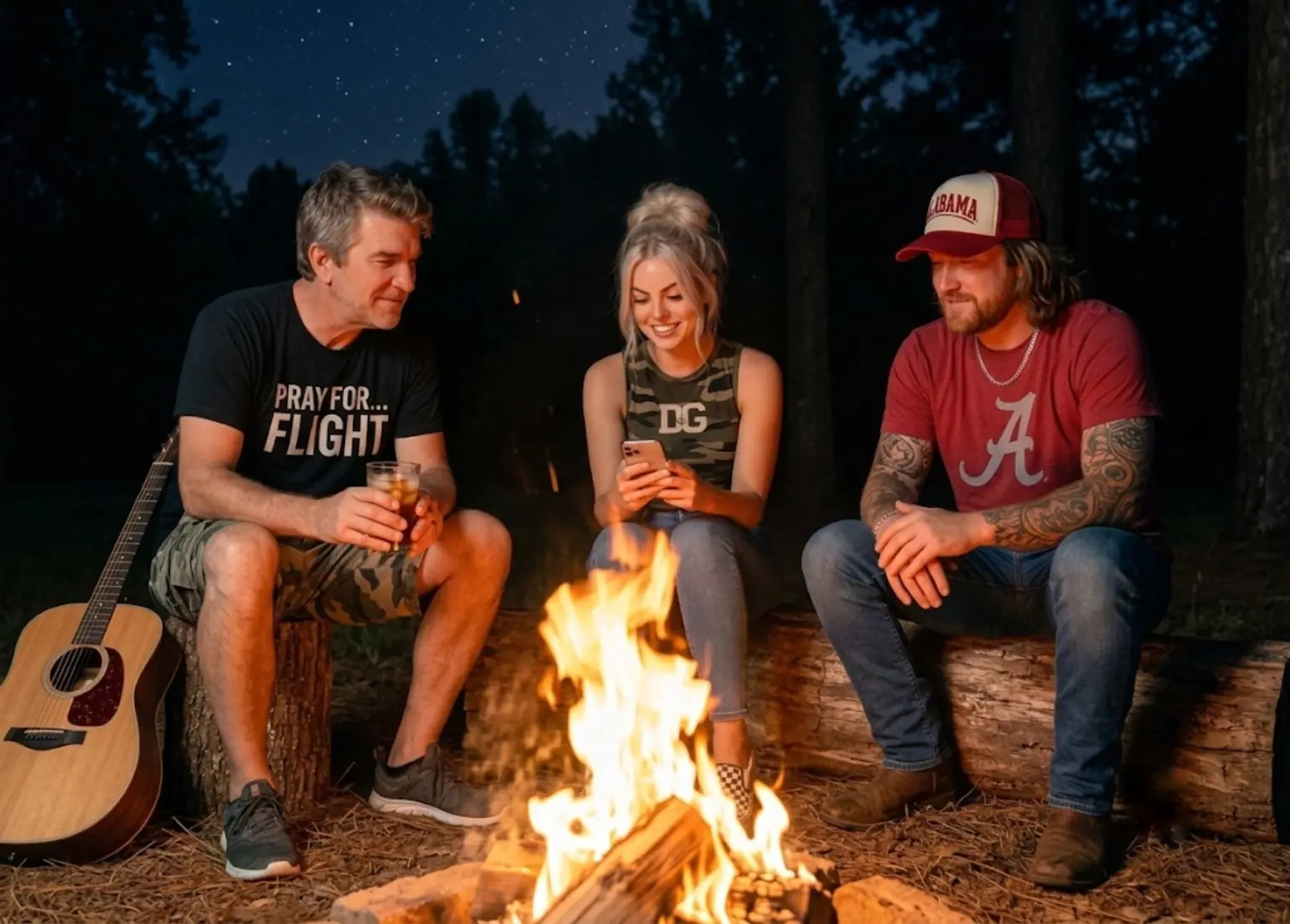Ryder McCoy, Jessie James Jenkins, and Unc around a campfire